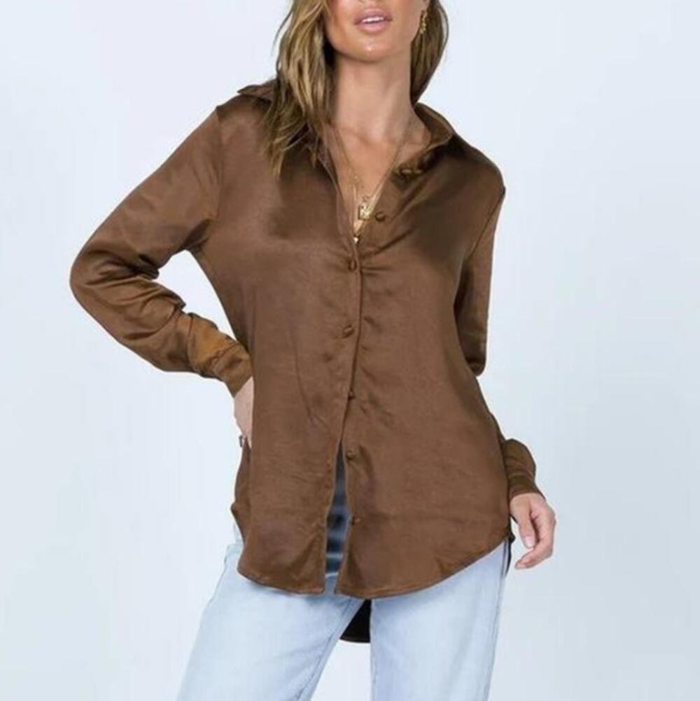 Princess Polly Chocolate Brown Satin Button Down Blouse Size 6